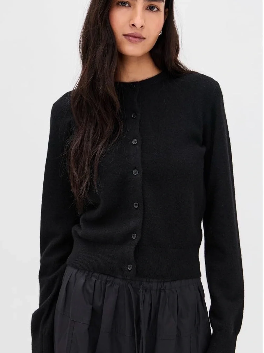 White + Warren Black Button-Front 100% Cashmere Cardigan